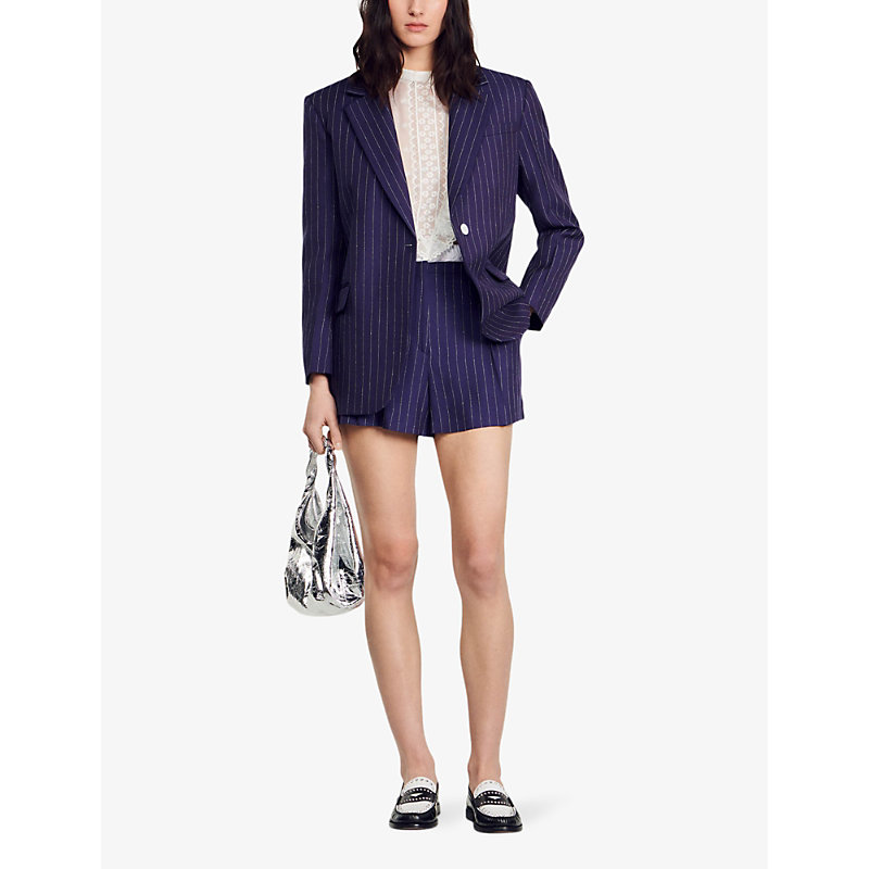 Shop Sandro Women's Bleus Marine Stripe-pattern Regular-fit Woven Blazer