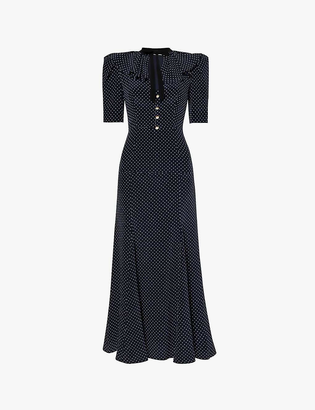 Shop Alessandra Rich Polka-dot Patterned Bow-embellished Silk Maxi Dress In Navy Blue-white