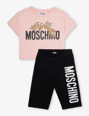 Shop Moschino Girls Sugar Rose/black Kids Brand-print Two-piece Stretch-cotton Set 6-12 Years