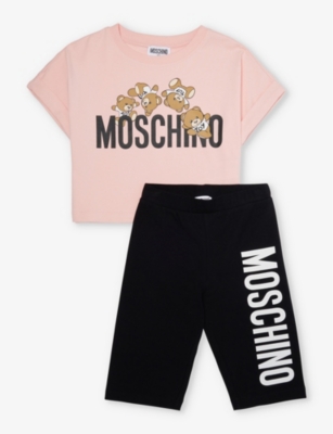 MOSCHINO MOSCHINO GIRLS SUGAR ROSE/BLACK KIDS BRAND-PRINT TWO-PIECE STRETCH-COTTON SET 6-12 YEARS