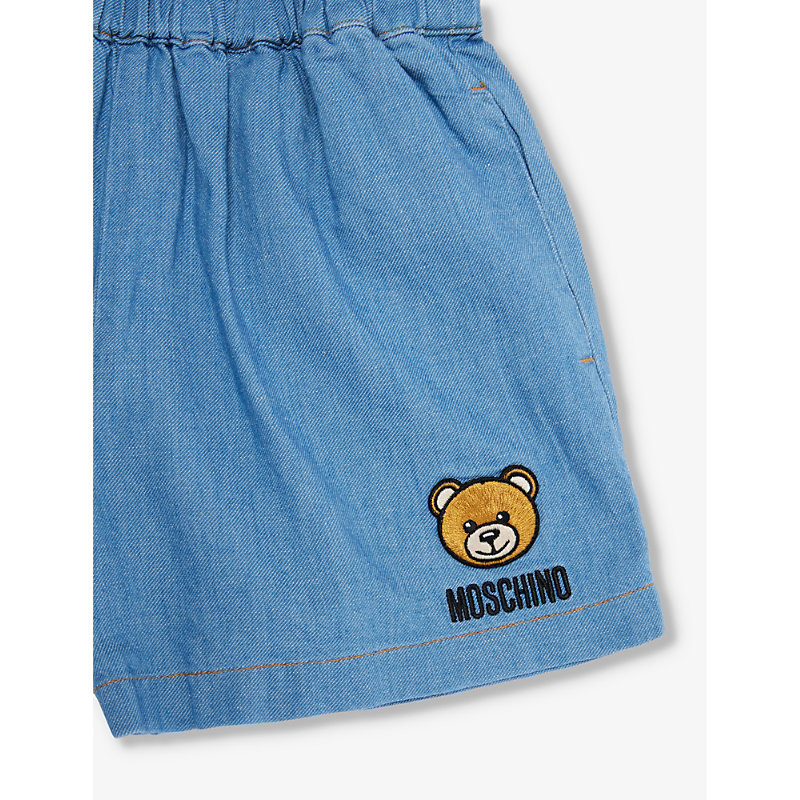Shop Moschino Toy Bear Logo-print Cotton And Linen-blend Playsuit 4-12 Years In Eclipse Blue