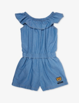 Shop Moschino Girls Eclipse Blue Kids Toy Bear Logo-print Cotton And Linen-blend Playsuit 4-12 Years