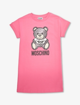 Moschino Girls Fuxia Kids Bear Logo Text-print Stretch-cotton Dress 4-12 Years