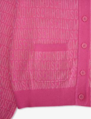 Shop Moschino Girls Fuxia Allover Logo Kids Logo-intarsia Contrast-trim Cotton-blend Knitted Cardigan 10-