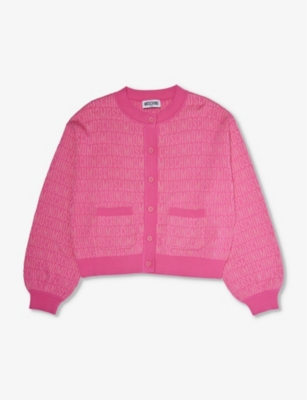 Shop Moschino Girls Fuxia Allover Logo Kids Logo-intarsia Contrast-trim Cotton-blend Knitted Cardigan 10-