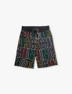 Moschino Boys Black Maxi Logo Kids Logo Text-print Stretch-cotton Shorts 6-14 Years In Multi-coloured
