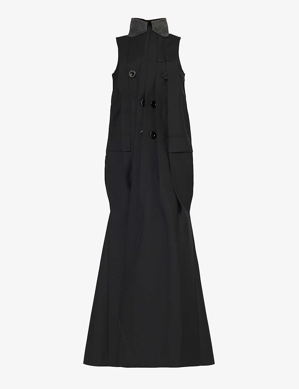 Sacai Womens Black High-neck Double-breasted Woven Maxi Dress
