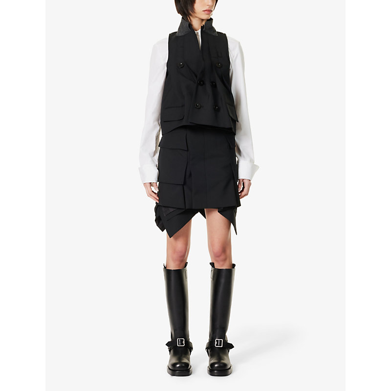 Shop Sacai Women's Black Layered-hem Flap-pocket Woven Mini Skirt