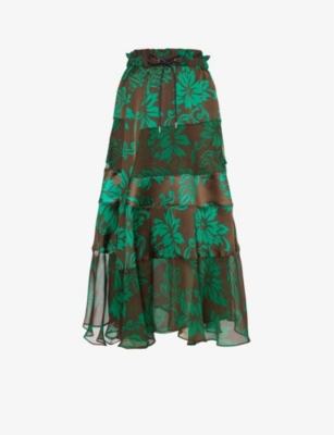 Sacai Womens Green Floral-print Flap-pocket Woven Midi Skirt