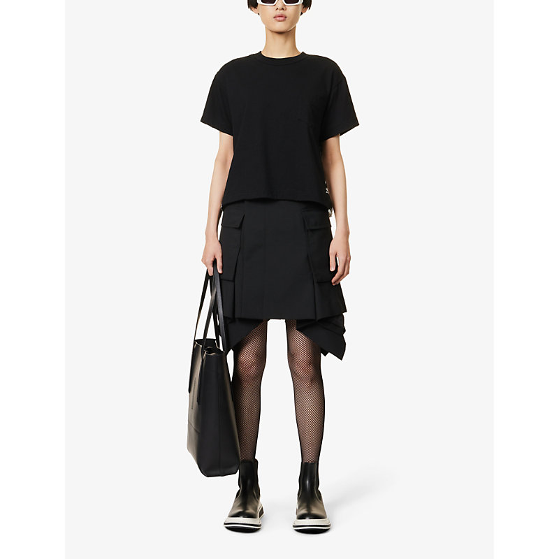 Shop Sacai Women's Black Floral-pattern Pleated-back Cotton-jersey T-shirt