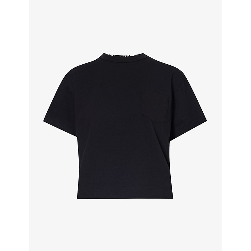 Shop Sacai Womens Black Floral-pattern Pleated-back Cotton-jersey T-shirt