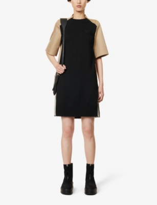 Shop Sacai Women's Black Beige Pleated-back Flared-hem Cotton-blend Midi Dress