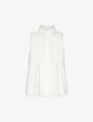 Shop Sacai Women's Off White Pleated Flared-hem Cotton-poplin Shirt