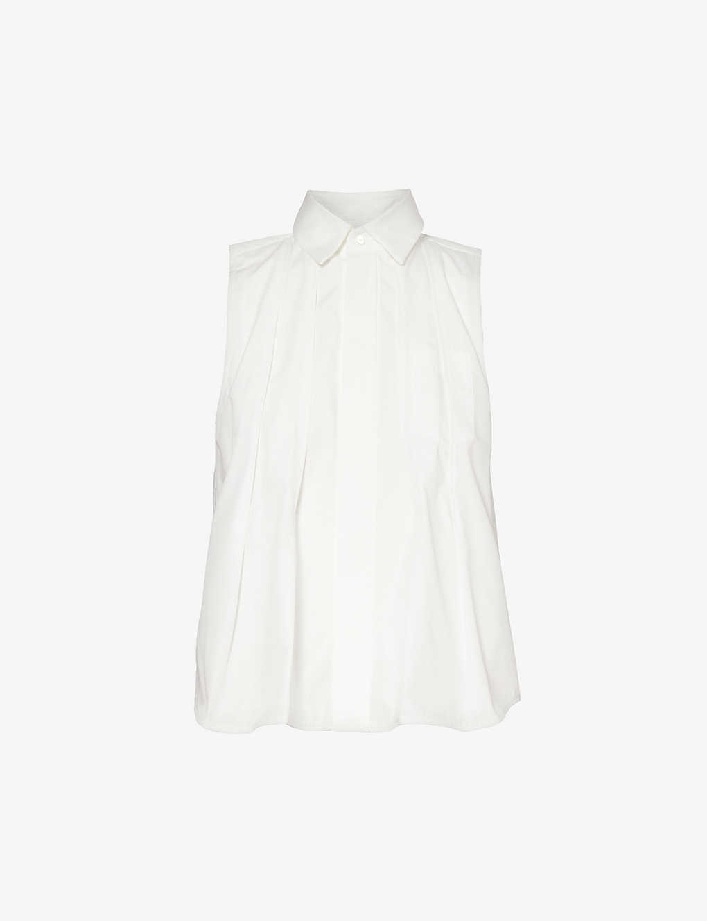 Shop Sacai Women's Off White Pleated Flared-hem Cotton-poplin Shirt