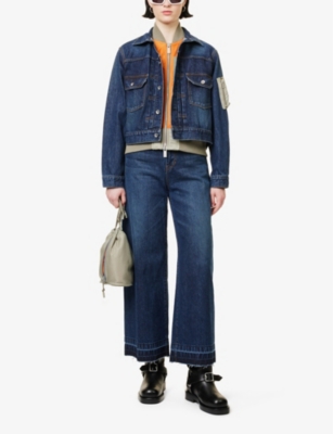 Shop Sacai Bomber Shell-insert Relaxed-fit Denim Jacket In Blue Khaki