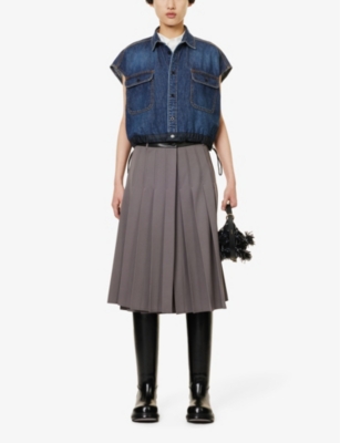 Shop Sacai Women's Blue Cropped Drawstring-hem Denim Shirt