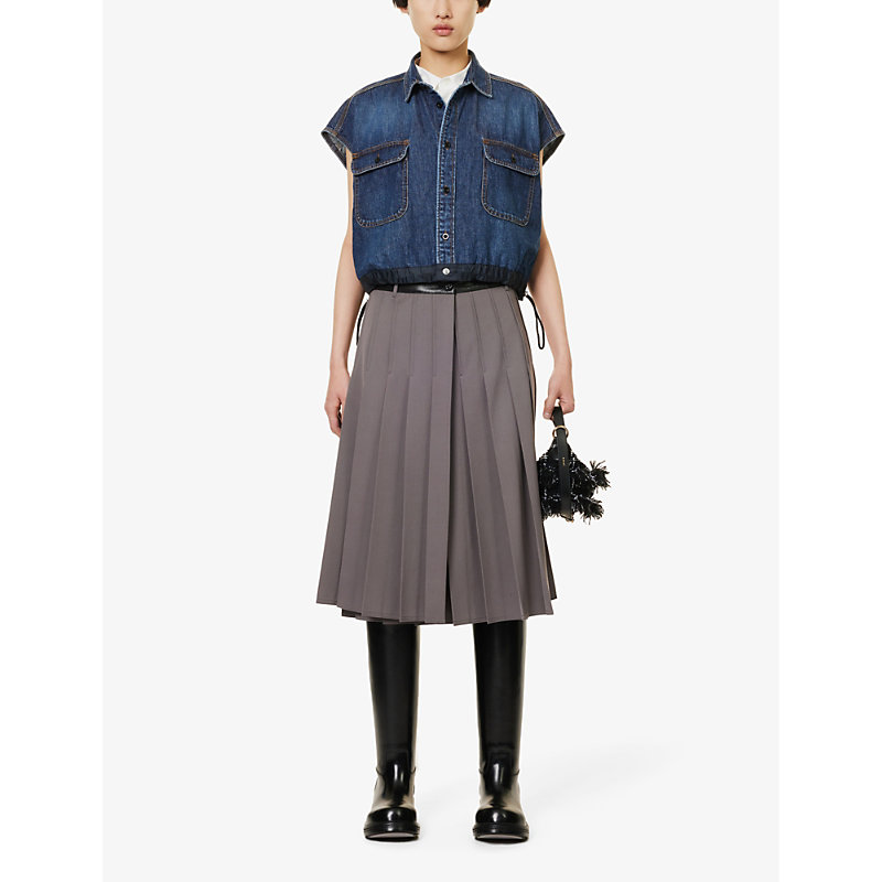Shop Sacai Women's Blue Cropped Drawstring-hem Denim Shirt
