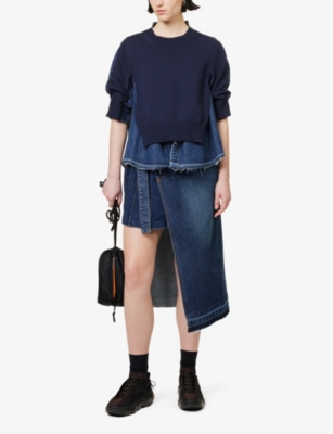 Shop Sacai Women's Blue Wraparound-panel Denim Midi Skirt