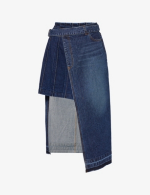 Shop Sacai Women's Blue Wraparound-panel Denim Midi Skirt