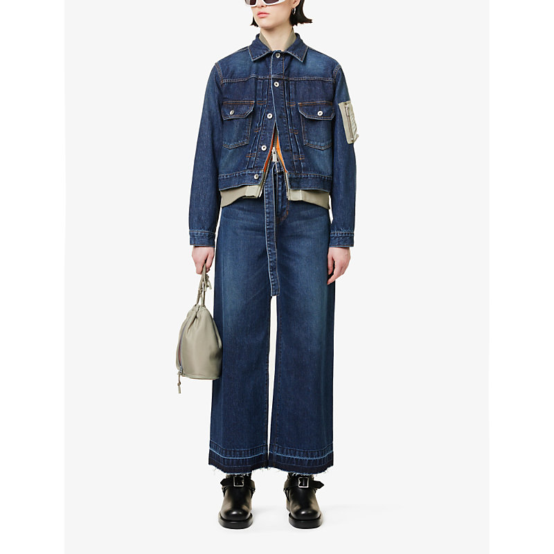 Shop Sacai Belted Mid-rise Wide-leg Denim Trousers In Blue