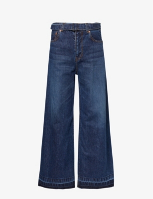 Shop Sacai Women's Blue Belted Mid-rise Wide-leg Denim Trousers
