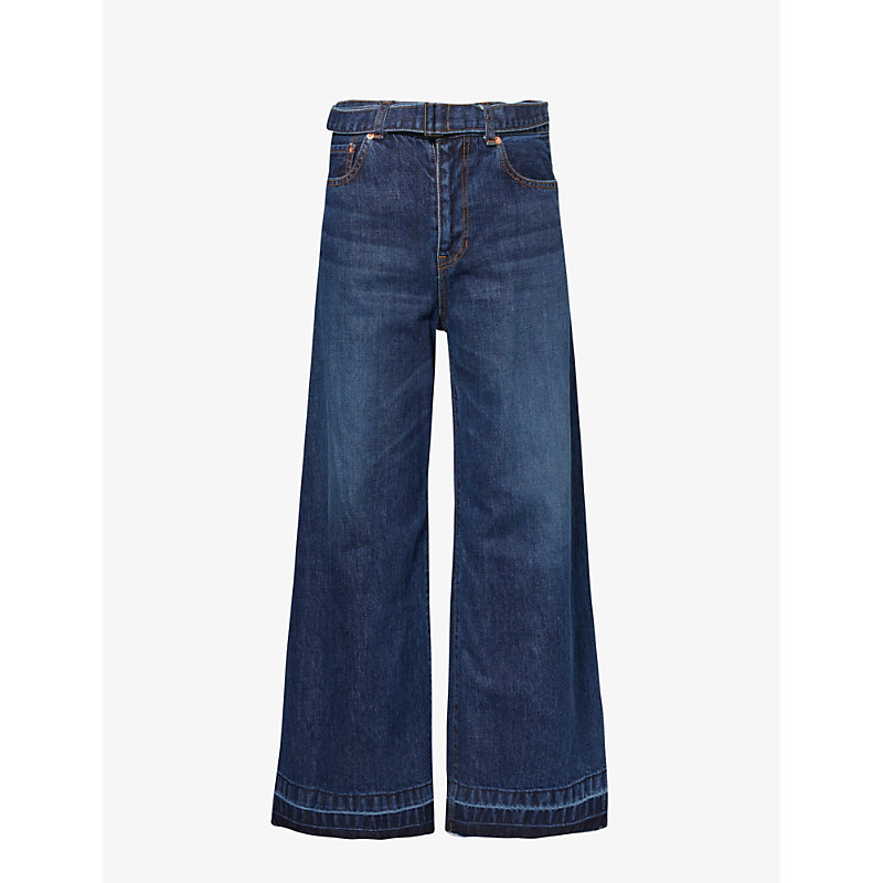 Shop Sacai Belted Mid-rise Wide-leg Denim Trousers In Blue