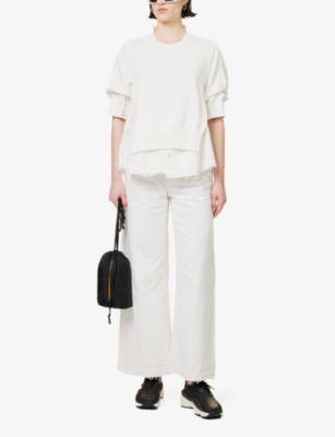 Shop Sacai Womens Off White Belted Mid-rise Wide-leg Denim Trousers