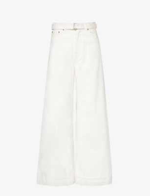 Shop Sacai Womens Off White Belted Mid-rise Wide-leg Denim Trousers