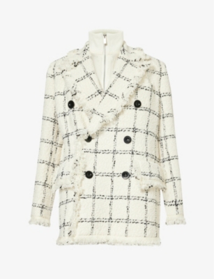 Sacai Womens Off White Double-breasted Padded-shoulder Tweed Jacket