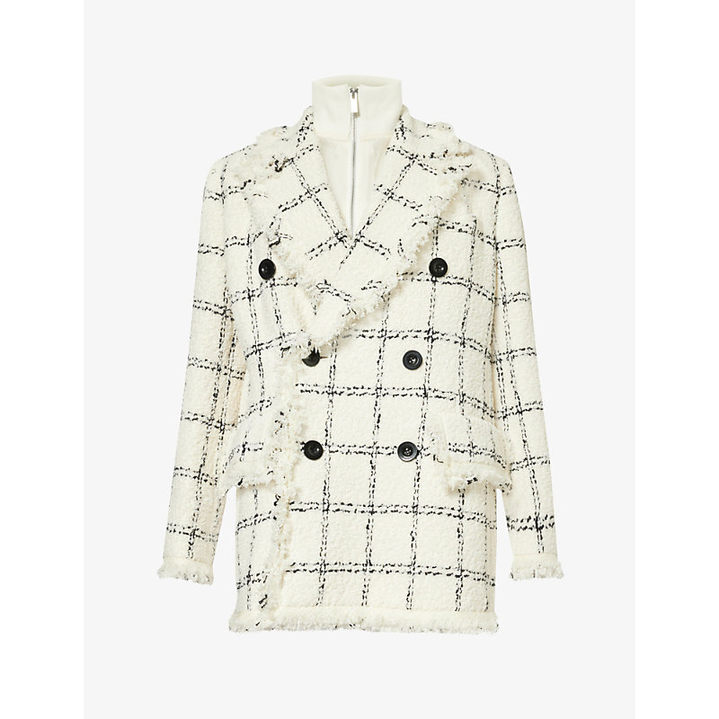 Sacai Womens Off White Double-breasted Padded-shoulder Tweed Jacket