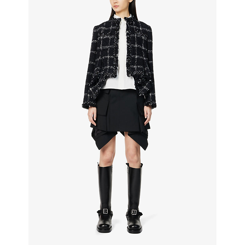Shop Sacai Tweed Asymmetric-hem Woven-blend Jacket In Black