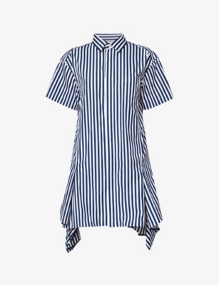 Shop Sacai Women's Navy Stripe Panelled-hem Striped Cotton-poplin Shirt Dress
