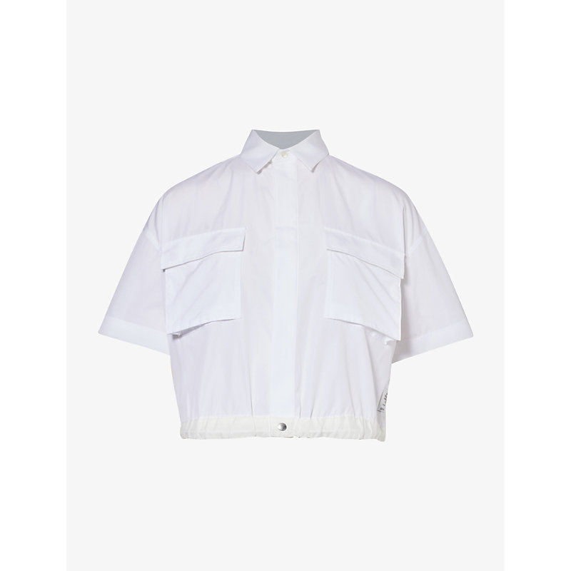 Sacai Womens Off White Cropped Drawstring-hem Cotton Poplin Shirt