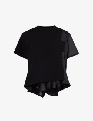 Shop Sacai Women's Black Draped-panel Round-neck Cotton-jersey T-shirt