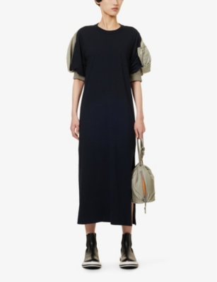 Shop Sacai Womens Navy Khaki Puffed-sleeve Cotton-jersey Midi Dress