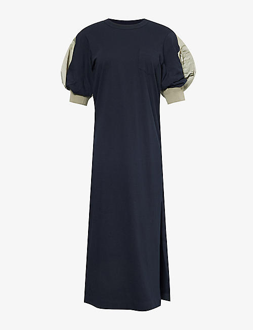 SACAI: Puffed-sleeve cotton-jersey midi dress