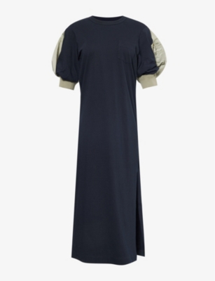 Shop Sacai Women's Navy Khaki Puffed-sleeve Cotton-jersey Midi Dress