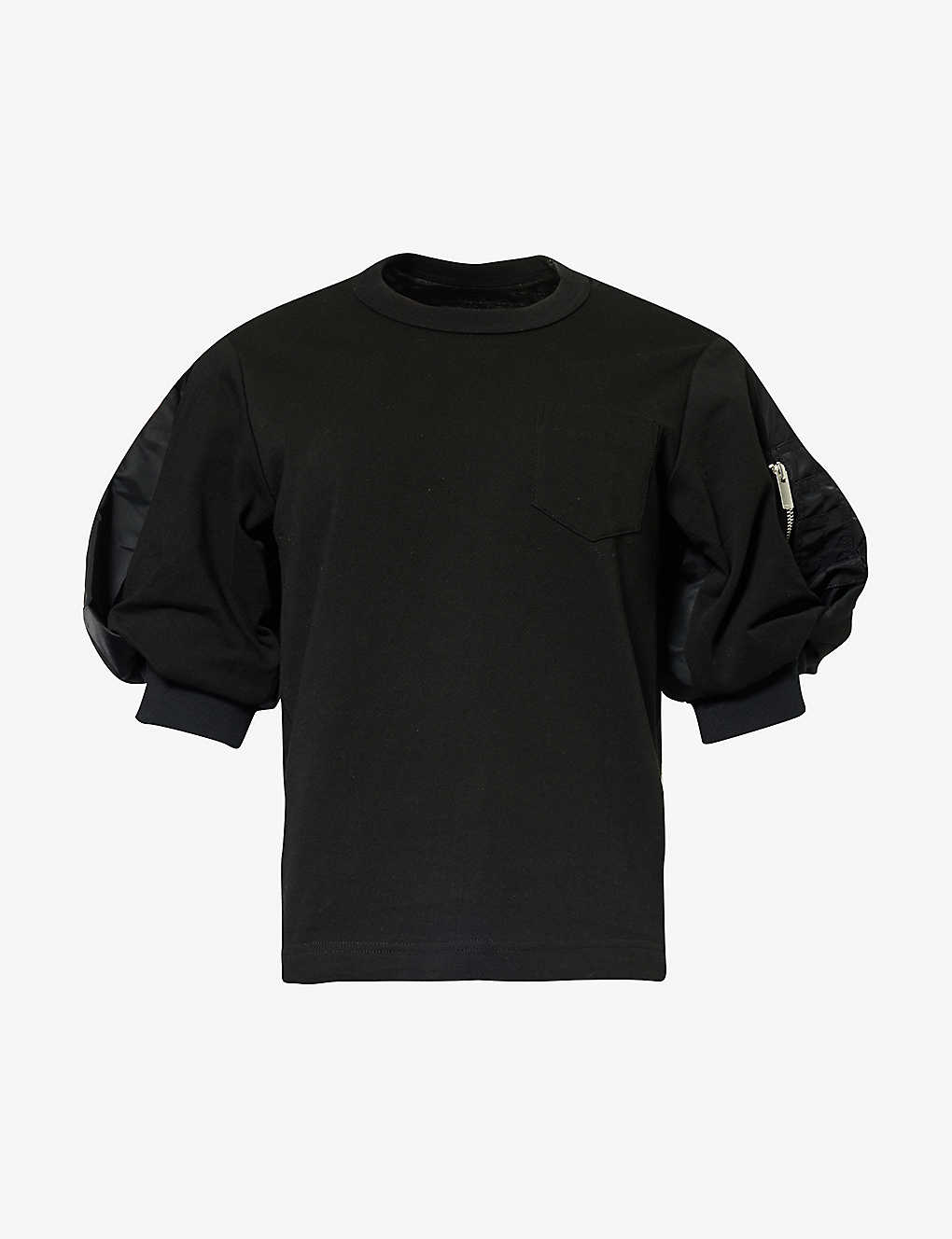 Shop Sacai Womens Black Panelled Puff-sleeve Cotton-jersey T-shirt
