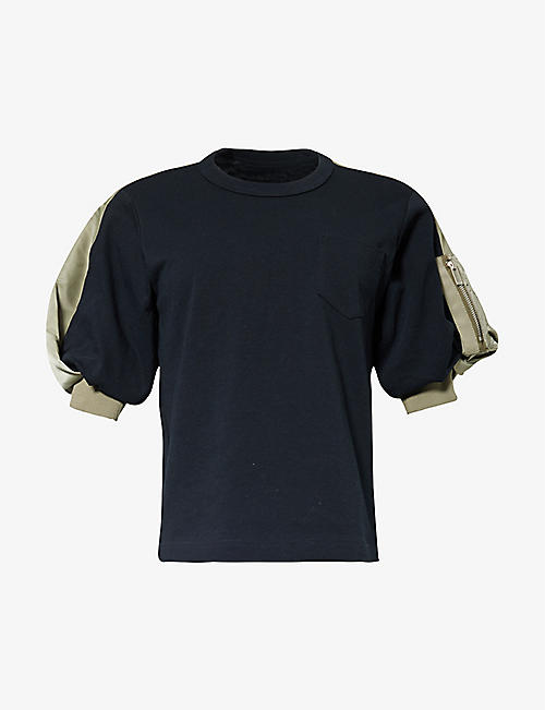 SACAI: Panelled puff-sleeve cotton-jersey T-shirt