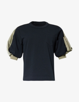 Shop Sacai Women's Vy Khaki Panelled Puff-sleeve Cotton-jersey T-shirt In Navy Khaki