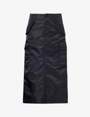 Sacai Womens Black Pleated-panel Flared-hem Shell Midi Skirt