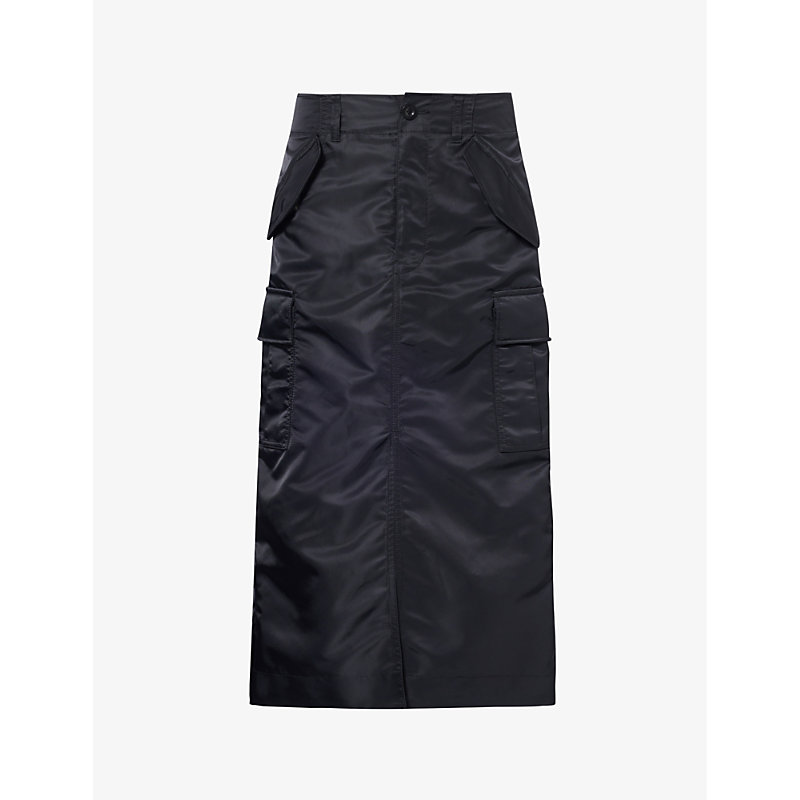 Sacai Womens Black Pleated-panel Flared-hem Shell Midi Skirt