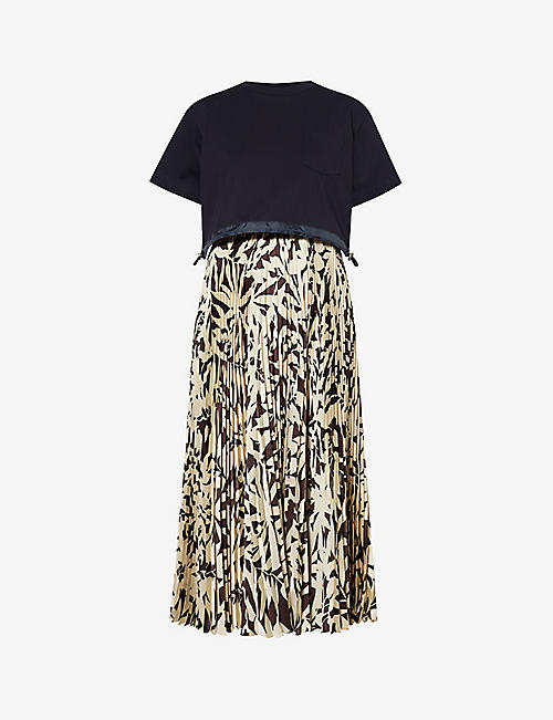 SACAI: Layered abstract-pattern cotton-jersey midi dress