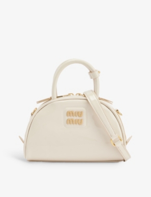 MIU MIU: Vernice branded leather top-handle bag