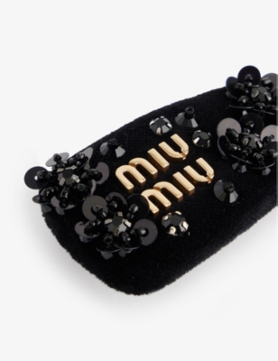 Shop Miu Miu Women's Nero Branded Sequin-embellished Velvet Hairclip