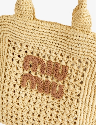 MIU MIU: Rete branded raffia top handle bag