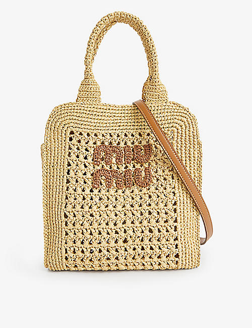 MIU MIU: Rete branded raffia top handle bag