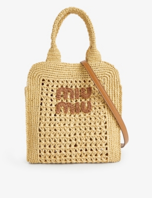 MIU MIU: Rete branded raffia top handle bag