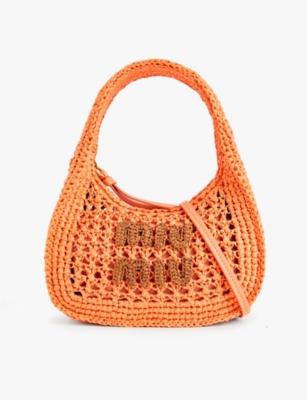 Shop Miu Miu Womens  Wander Raffia Top Handle Bag In Tulipano/cognac