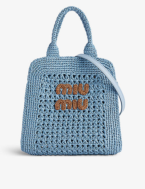 MIU MIU: Rete branded raffia top handle bag